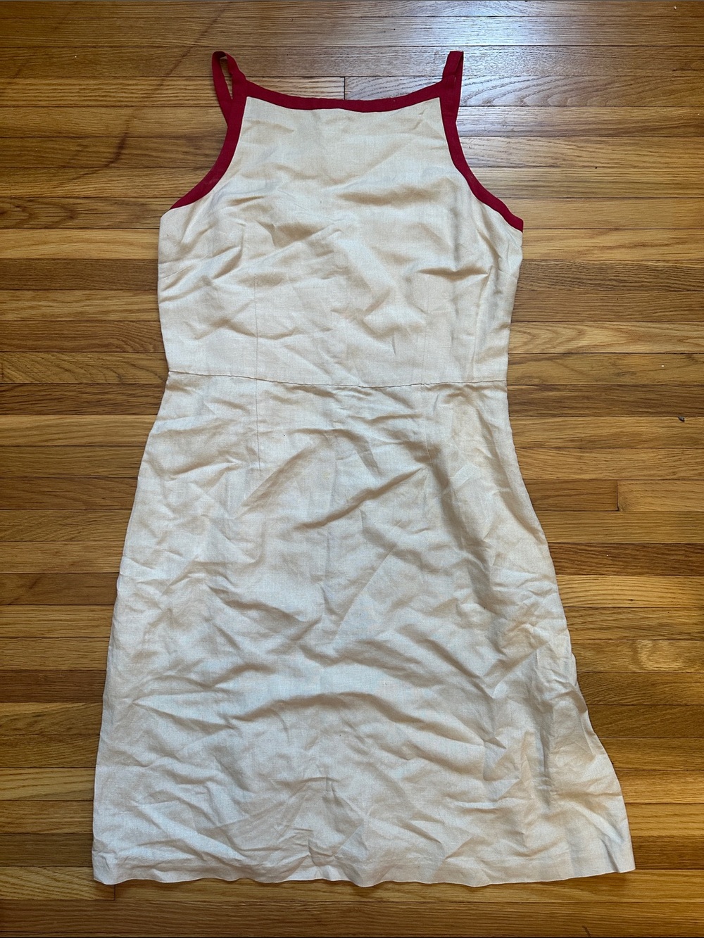 Tan Linen and Rayon Tank Dress with Red Trim - Women's Summer Dress